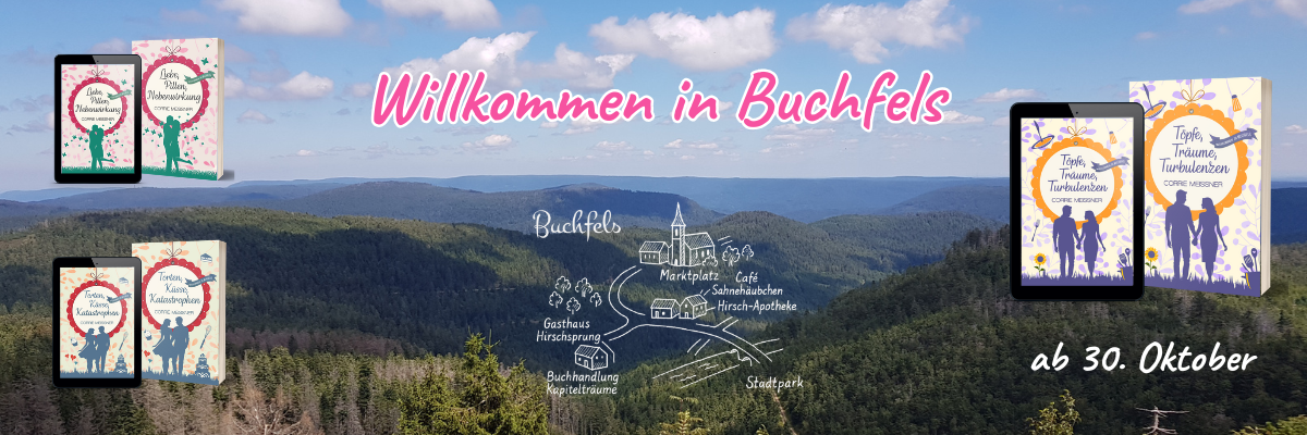 Die Cover der Buchfels-Trilogie vor einem Schwarzwald-Panorama.
